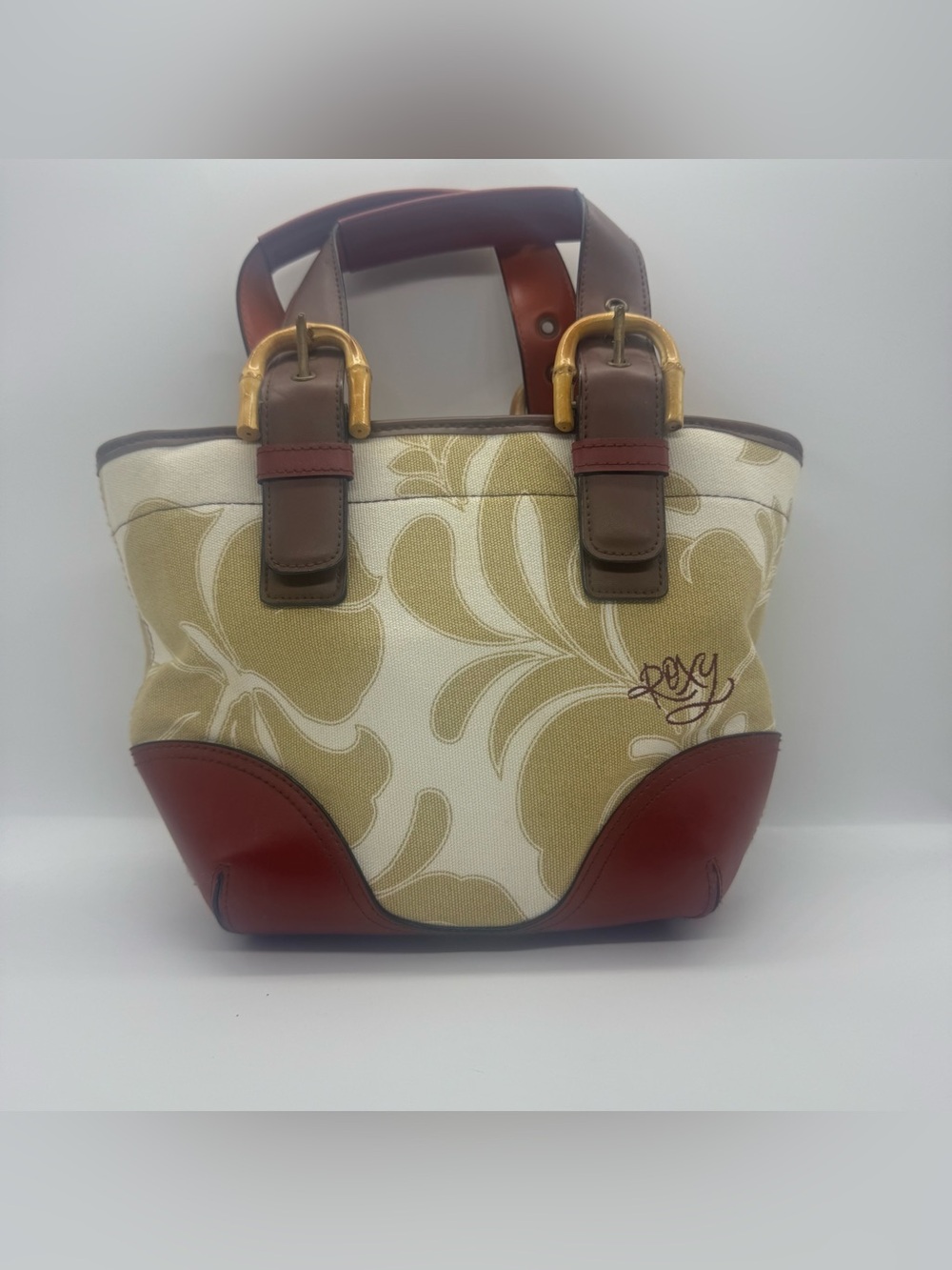 Roxy Cream Floral Canvas Tote with Brown Trim